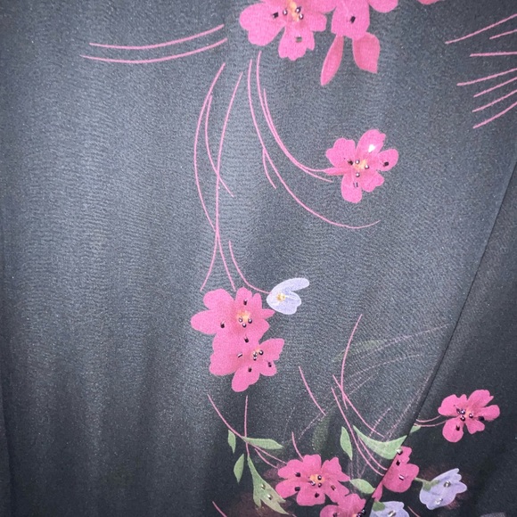 Coldwater Creek dress black with flowers and beading v neck tie at waist 14 - Picture 6 of 6